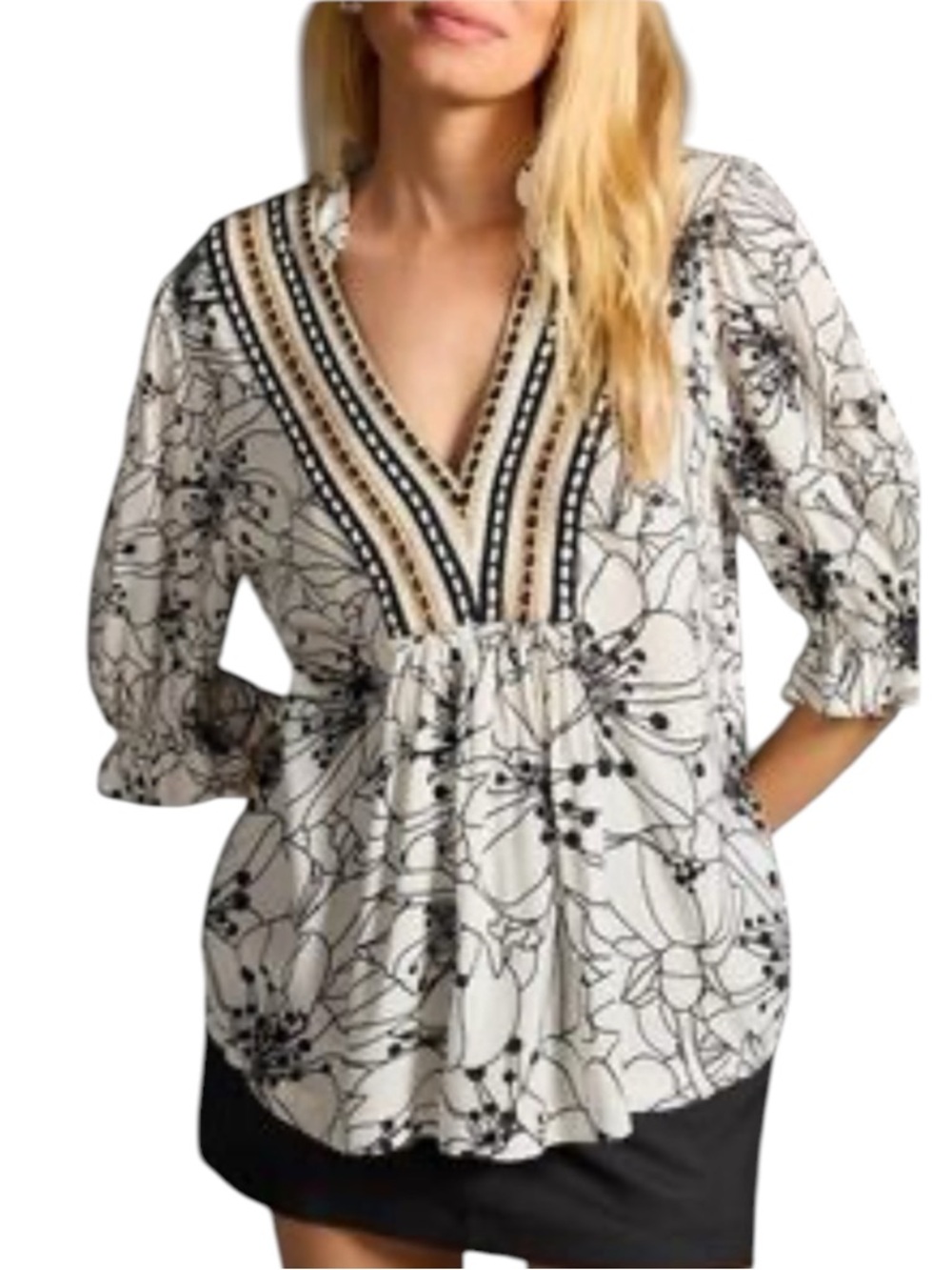 Anthropologie Blank London Floral Boho Embroidered White Black Top Size L